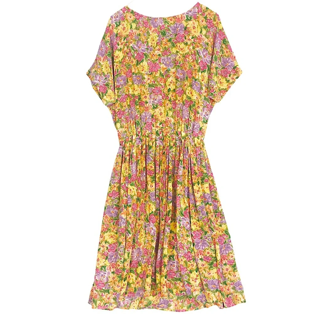 VINTAGE 80s 90s Bold Yellow Pink Floral Brushstroke Art Print Silk Pleated Mini - Picture 2 of 9